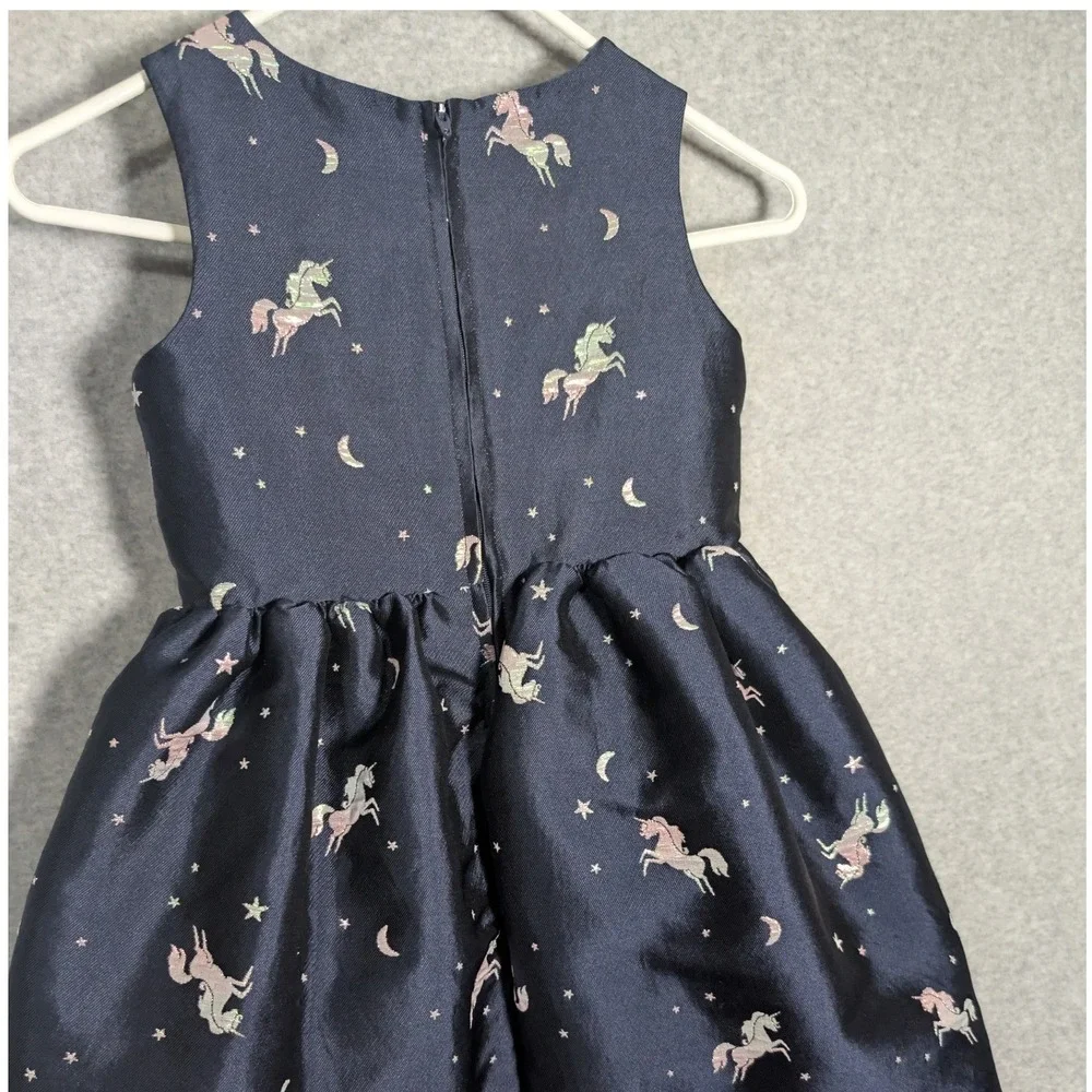 H&M Girls Dress Navy Blue Metallic Unicorn Star Moon Party Size 5-6Y Celestial